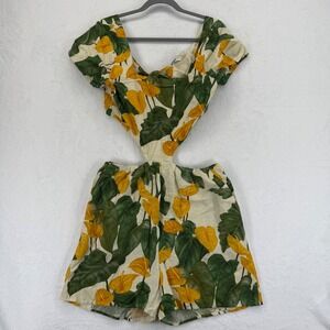 FARM Anthropologie Floral Print Cut Out Romper Size M‎ Green Yellow Calla Lily